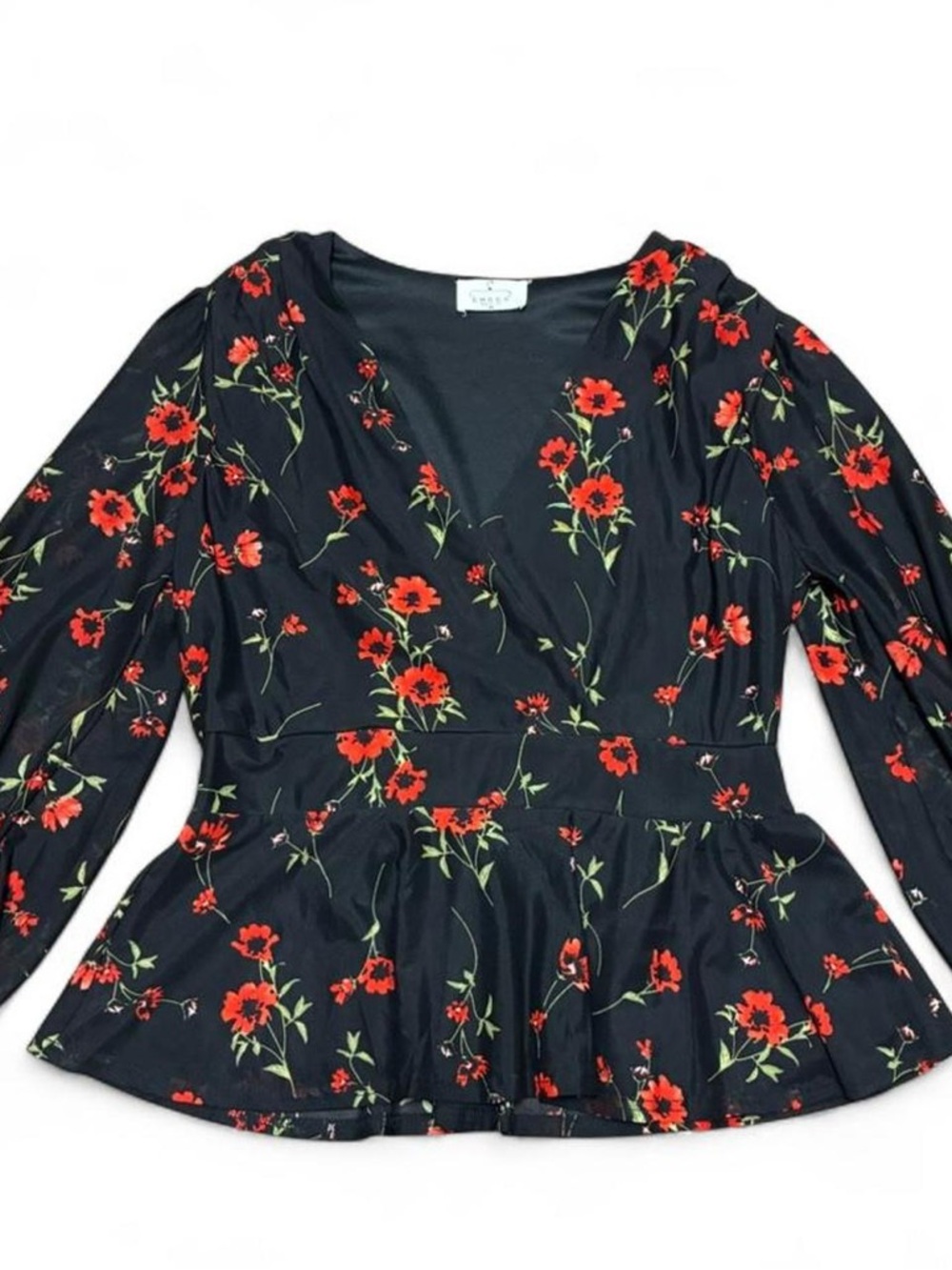 Black Floral Peplum Blouse Long Sleeve V Neck Flowy Top Small